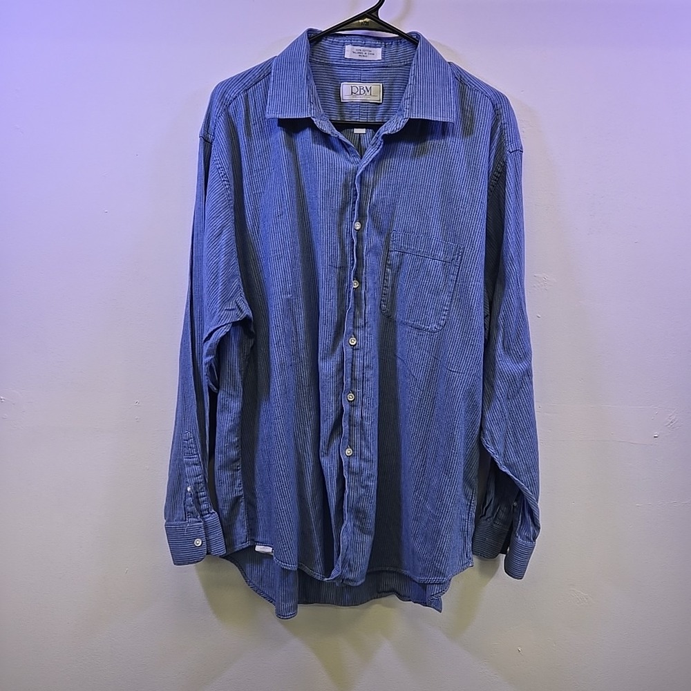 RBM Collection Men's 18-36 Blue Textured Stripe Button Up‎ Shirt 100% Cotton L/S